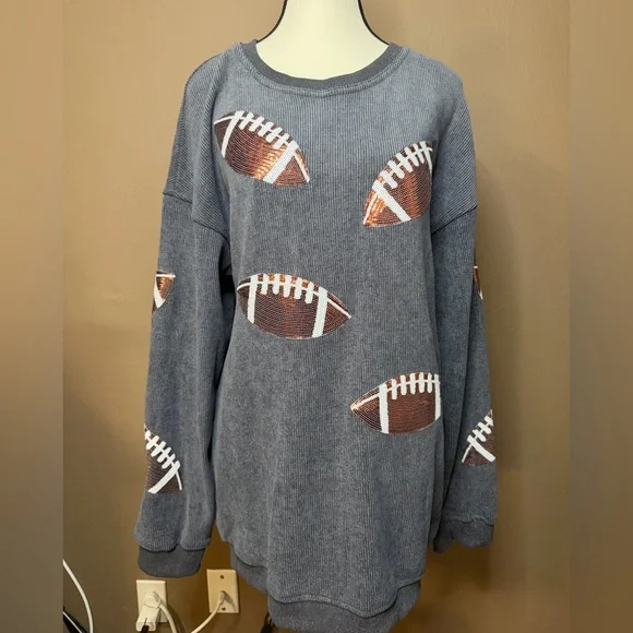 SEQUIN RUGBY GRAPHIC CORDED BAGGY SWEATSHIRT - Picture 2 of 5